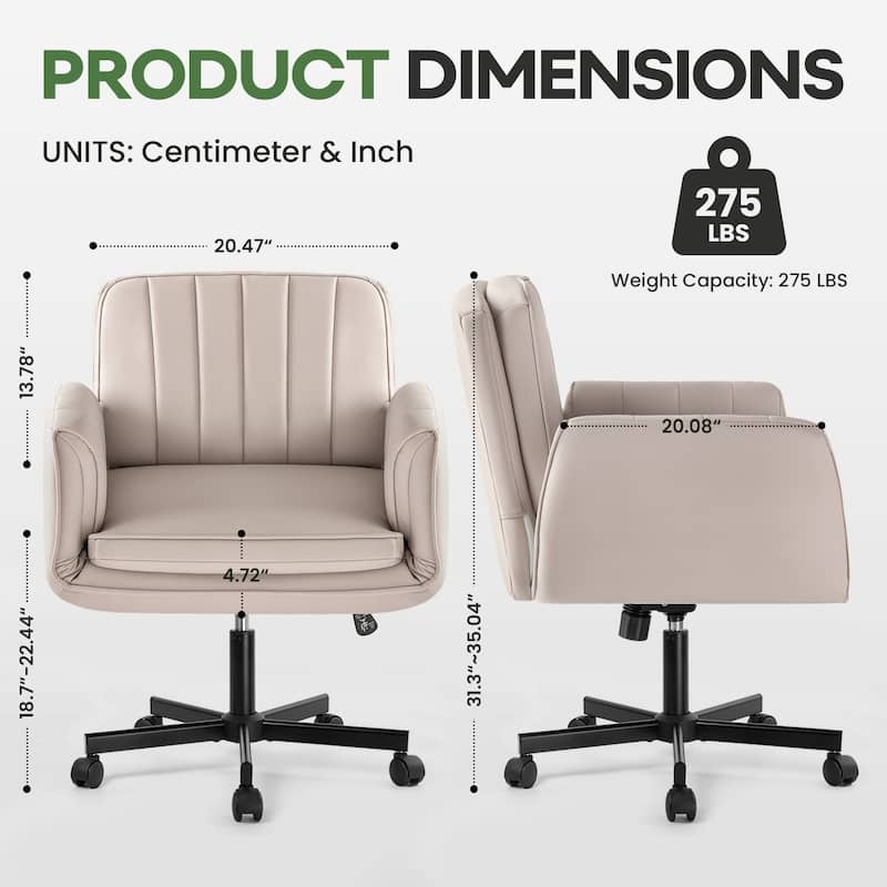 BOSSIN Criss Cross Office Chair with Arms and Wheels - Adjustable Swivel PU Leather Desk Chair for Makeup Vanity, Bedroom