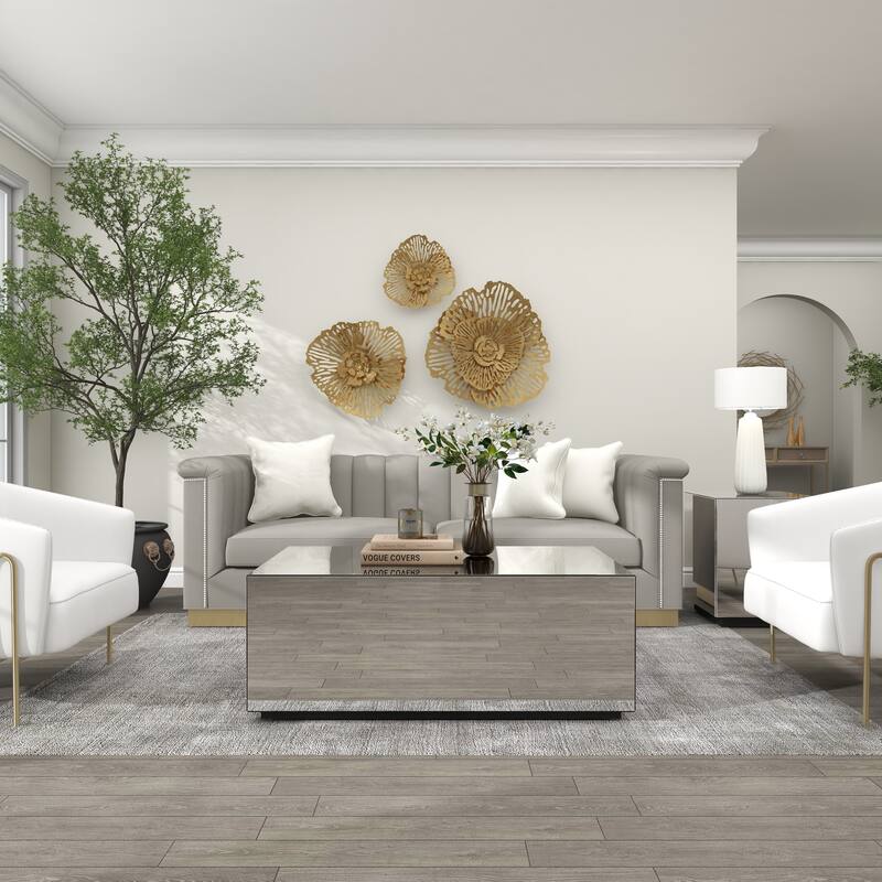 Silver Glass Mirrored Rectangle Living Room Coffee Table with Elevated Base