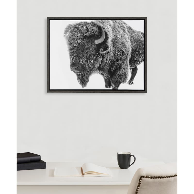 Kate and Laurel Sylvie Bison in Snow Black and White Framed Canvas by Amy Peterson Art Studio