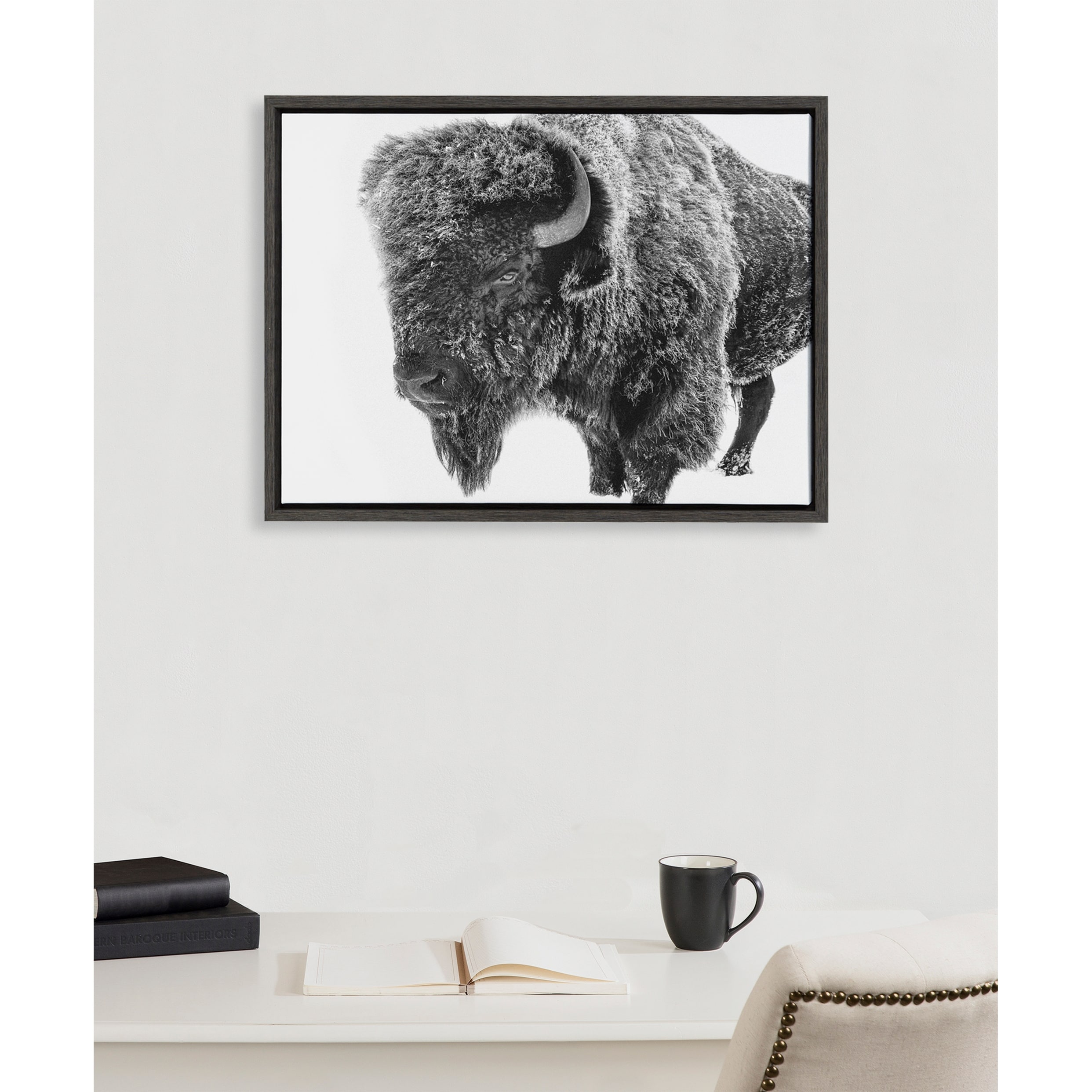 Kate and Laurel Sylvie Bison in Snow Black and White Framed Canvas by Amy Peterson Art Studio