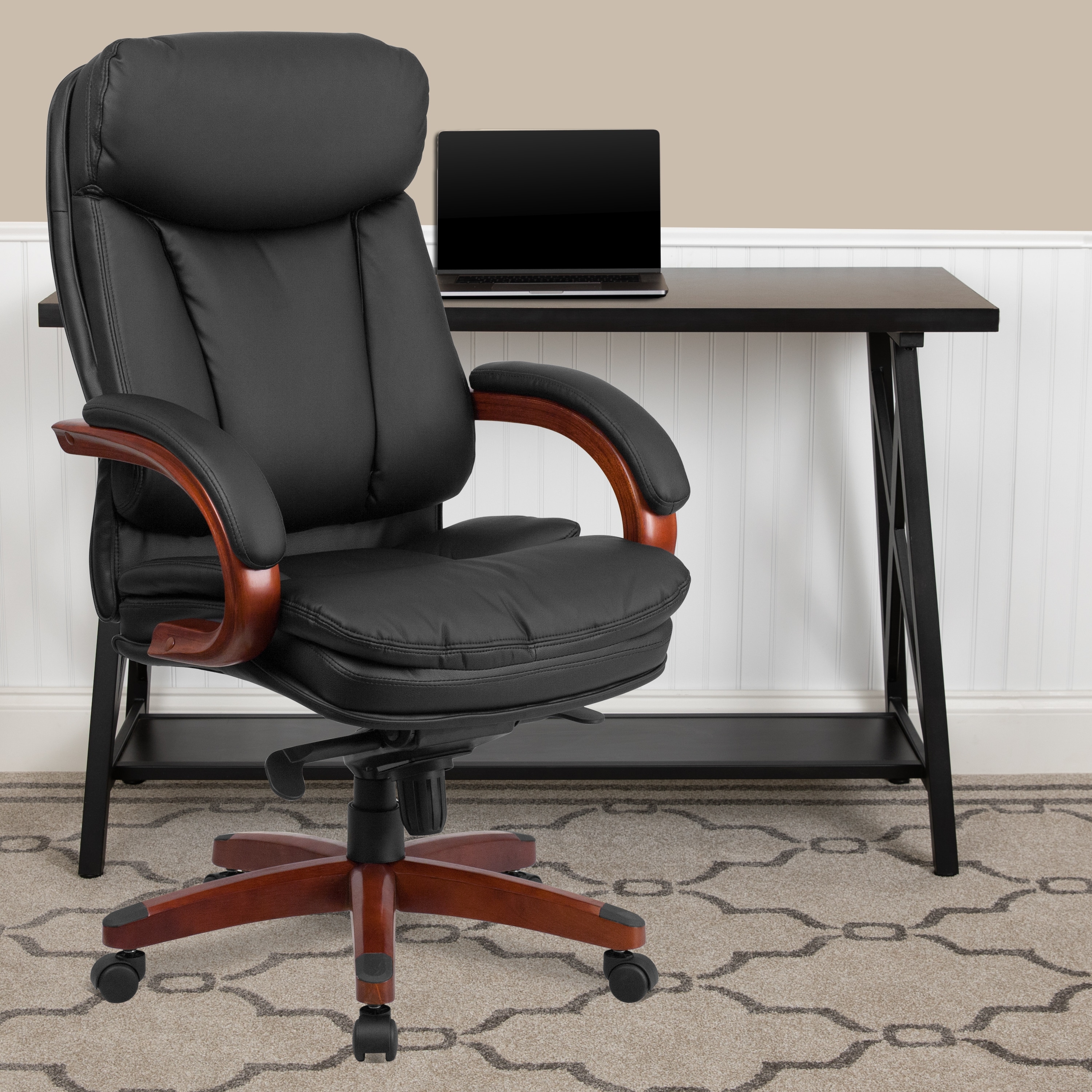 High Back Bonded Leather Executive Swivel Chair With Synchro Tilt Mechanism Mahogany Wood Base And Arms Overstock 10707609