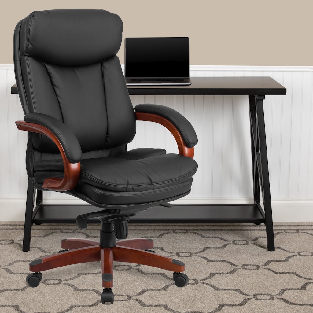 High Back LeatherSoft Chair w/Synchro-Tilt Mechanism, Mahogany Wood Base