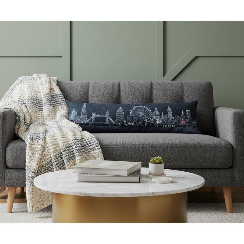 HomeRoots 14" X 45" Dark Gray And White London Nighttime Skyline Lumbar Decorative Pillow