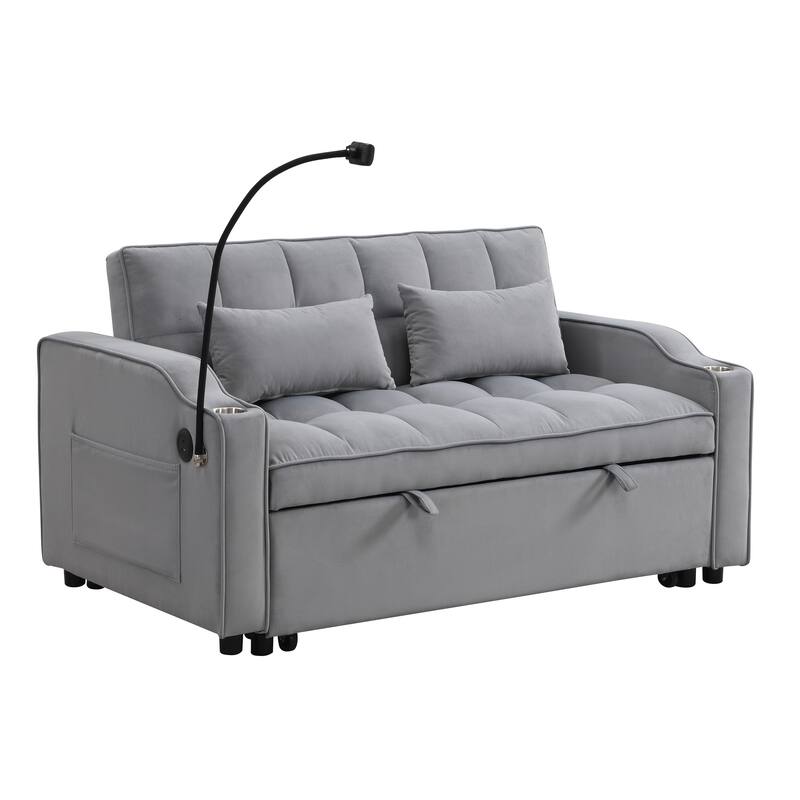 Foldable Sofa Bed with USB and Phone Holder, 2-Seat Settee with Two Pillows, Love Seat Couch with Adjustable Backrest