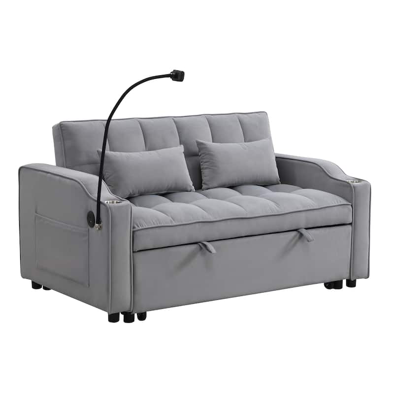 Light Gray Velvet Convertible Sleeper Loveseat Sofa with Adjustable Backrest