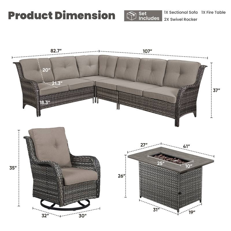 Gymojoy 4-Piece Outdoor Wicker Patio Furniture with Fire Pit and L-shaped Sectional Sofa, Coversation Set with Thick Cushions