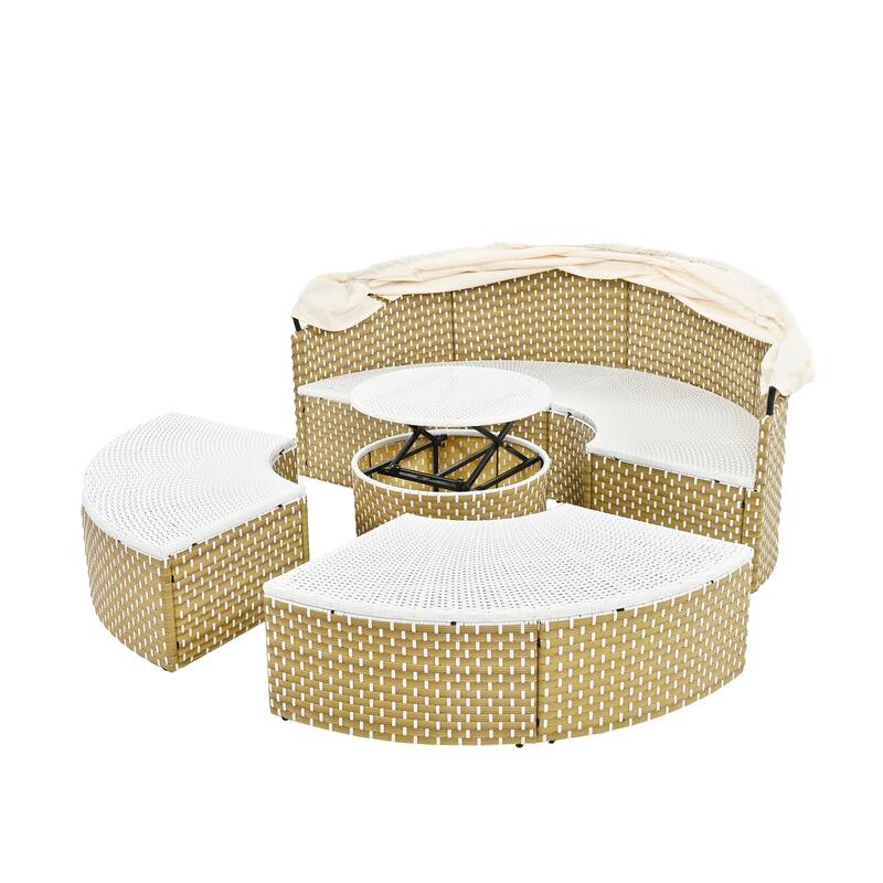 Round Outdoor Sectional Sofa Set Rattan Daybed Two-Tone Weave Sunbed with Retractable Canopy, Separate Seating