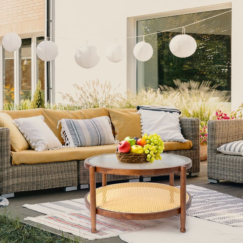 31.5in Rattan Coffee Table with Tempered Glass Top and Hand-Woven Shelf for Indoor Outdoor - 31.5” x 31.5” x 17.3”