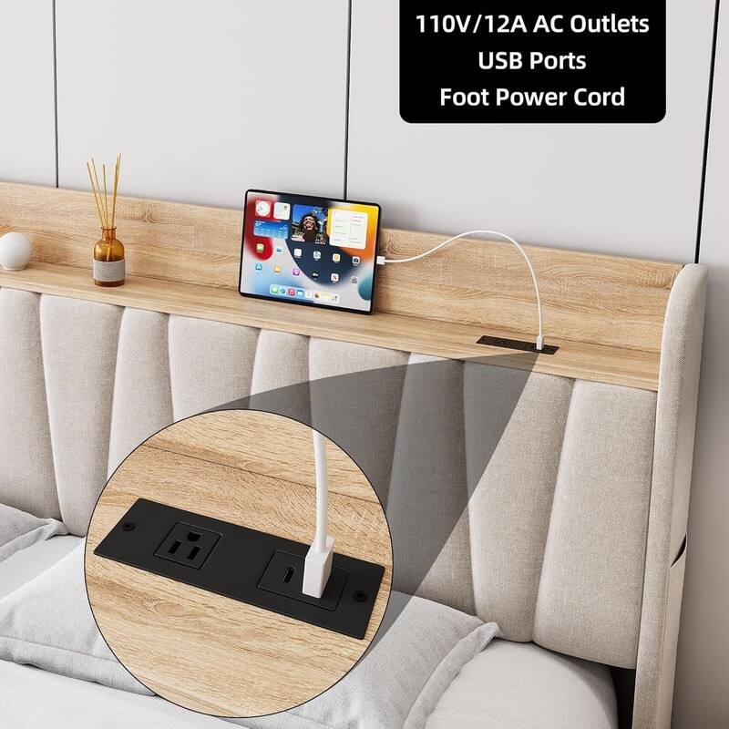 Upholstered Platform Bed with Charging Headboard, Storage Drawers
