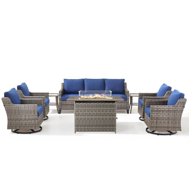 Pocassy 8 Pieces Fire Pit Table w/ Sofa Swivel Chair