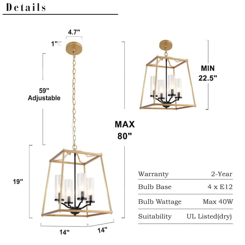 Modern 4-Light Gold Glass Chandelier Lantern Pendant Light for Dining Room - 14" L x 14" W x 19" H