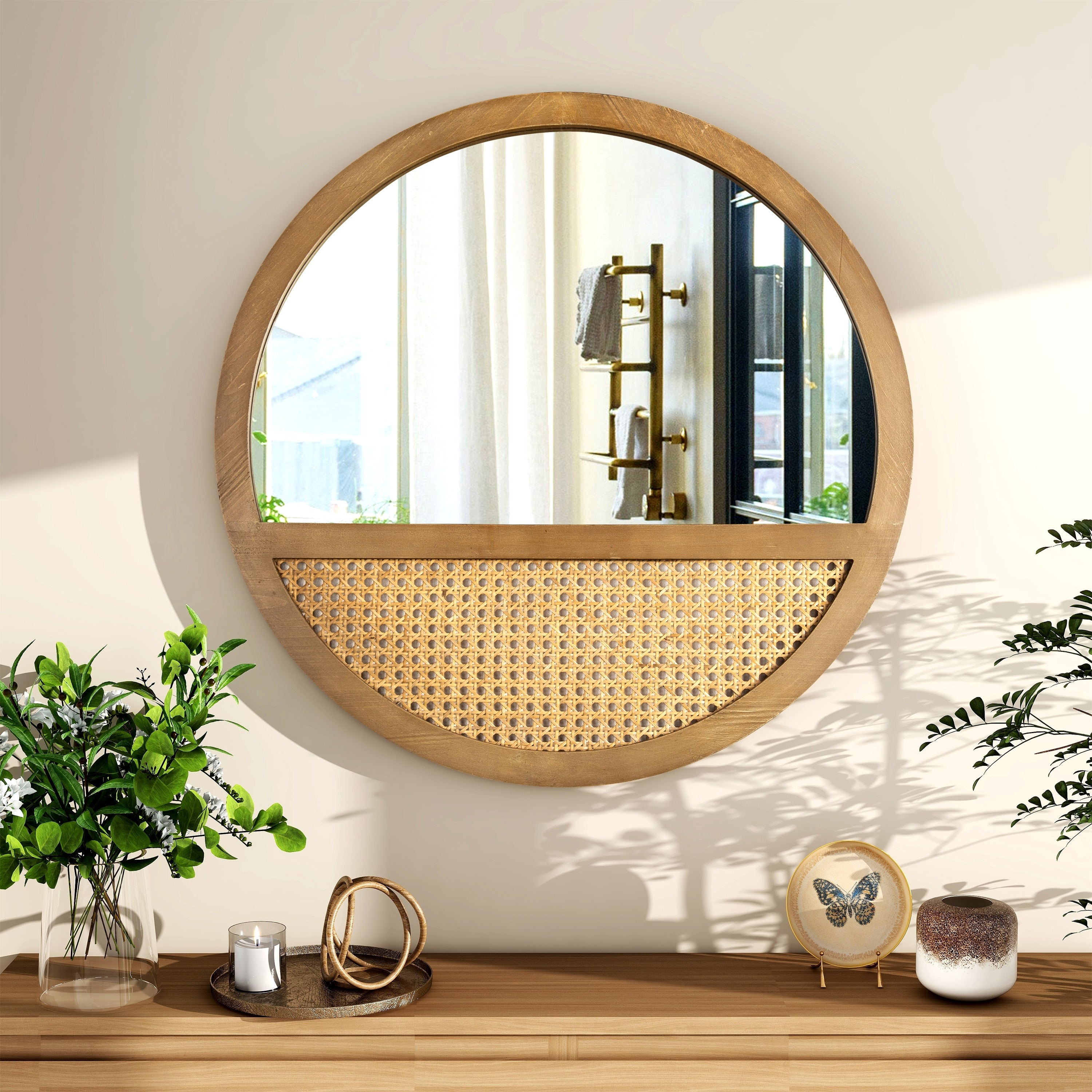 Rattan Boho Wall Mirror - 24"×24"