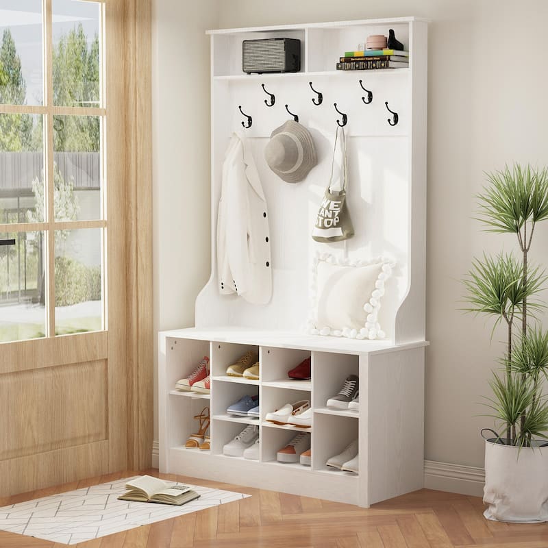 68.5inch Coat Rack Shoe Bench 4 in 1 Hall Tree Entryway Storage Bench - White