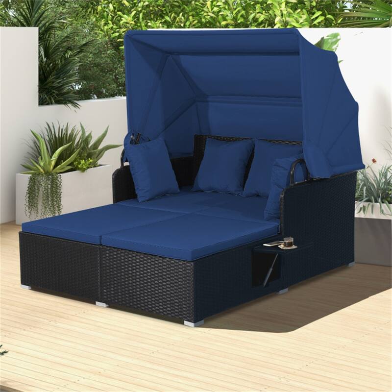 Rattan Daybed Lounge with Retractable Canopy and Side Tables - 65" x 60.5 x 58.5"