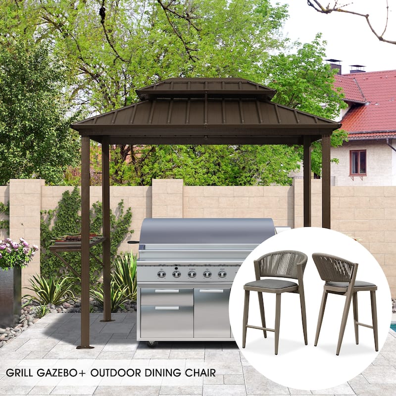 PURPLE LEAF 6ft x 8ft Hardtop Grill Gazebo Galvanized Steel Roof Outdoor BBQ Canopy with 2 Pcs Outdoor Counter Stools