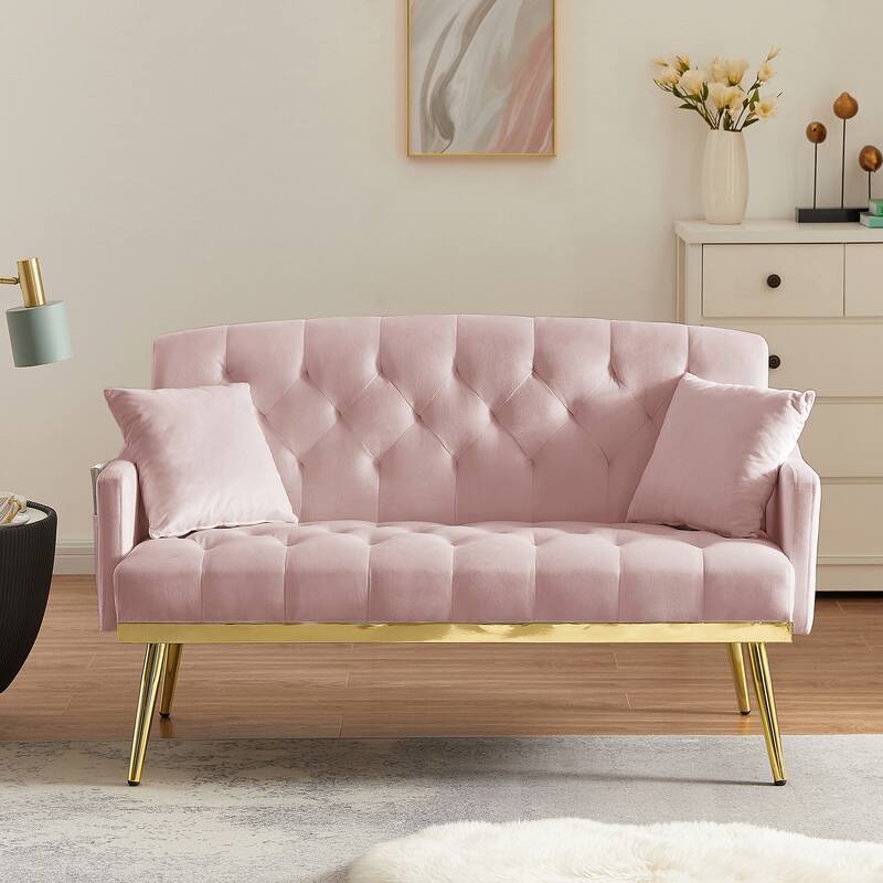 Velvet Loveseat, Upholstered Tufted Couch with 2 Pillow and 2 Pockets Lounge Couch for Living Room 2 Seater Couch - Pink