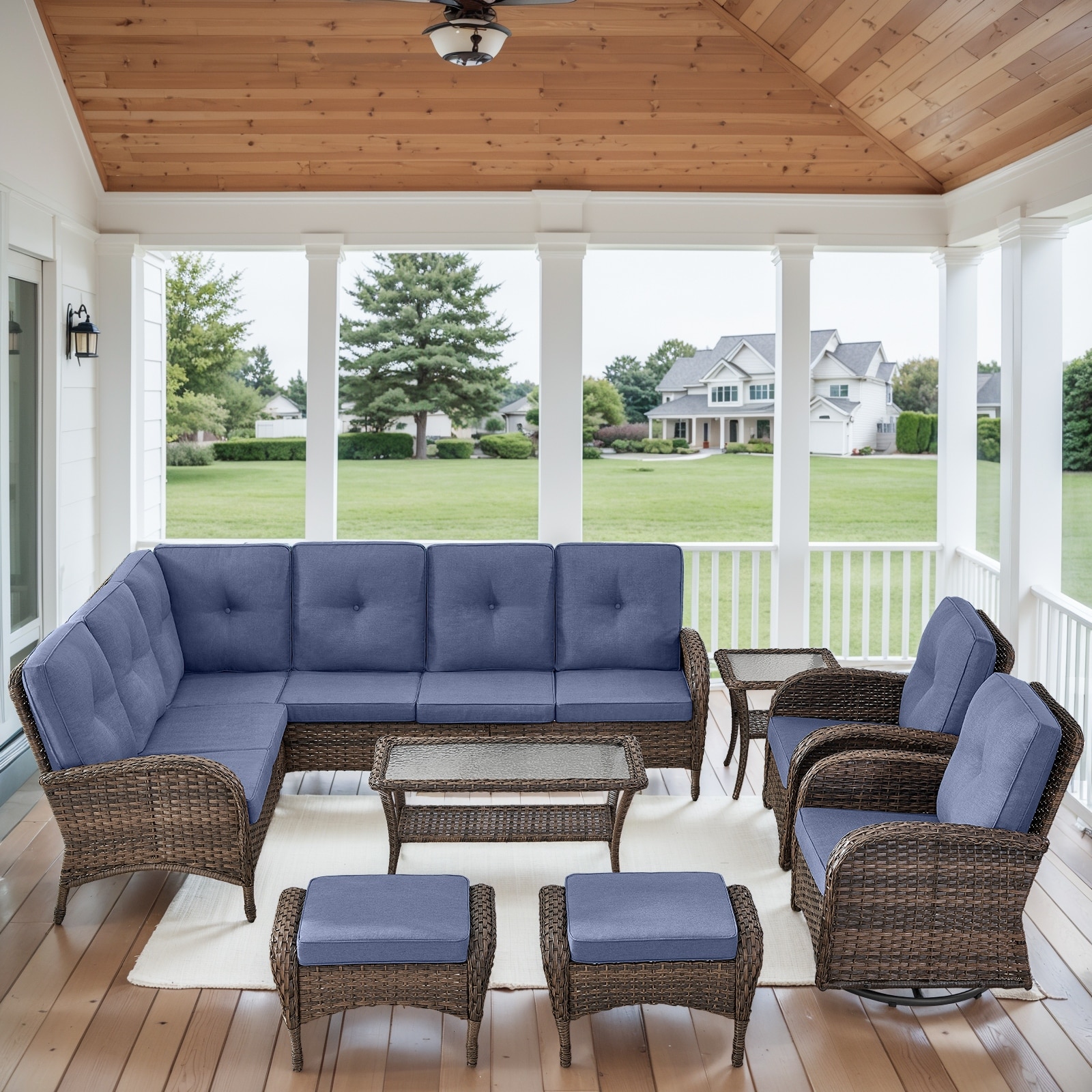 Patio Sectional Sofa with Swivel Chairs Ottomans Set