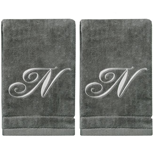 Soft Velour Silver Monogrammed Towels Fingertip - Set of 2 - N