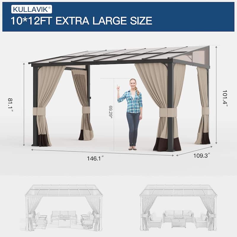 Wall Mounted Gazebo, Hardtop Permanent Outdoor Shade Canopy with Curtains for Deck, Backyard, Patio