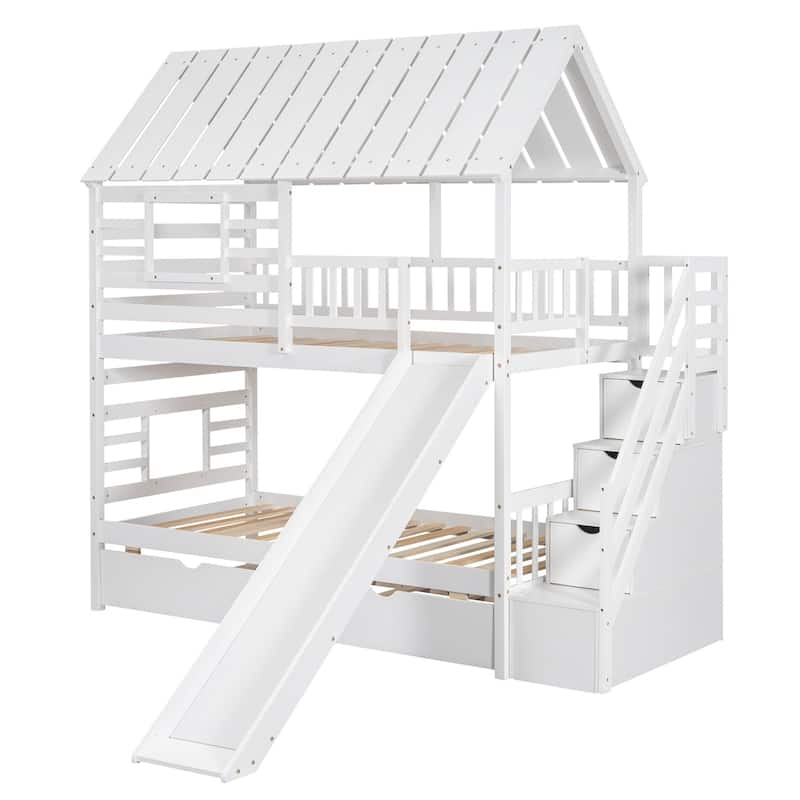 Merax Twin over Twin House Bunk Bed with Trundle and Slide