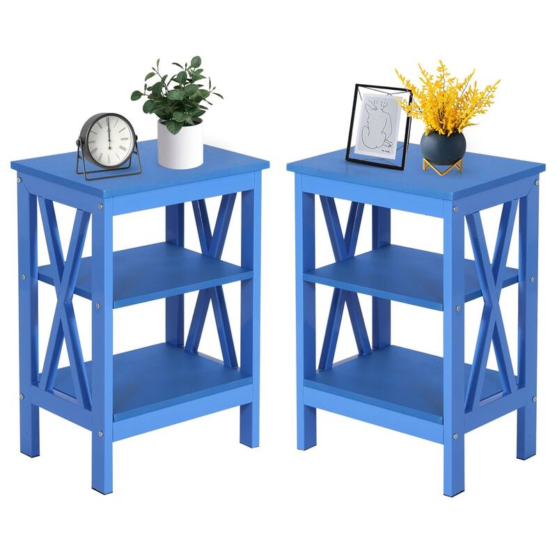 Modern Side Tables with 3-tier Storage Shelves, X-Shaped Nightstand Set (Set of 2) - Dark Blue