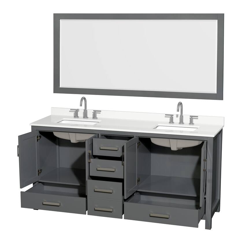 Sheffield 72-inch Double Vanity, 3 Hole Quartz Top, 70-inch Mirror