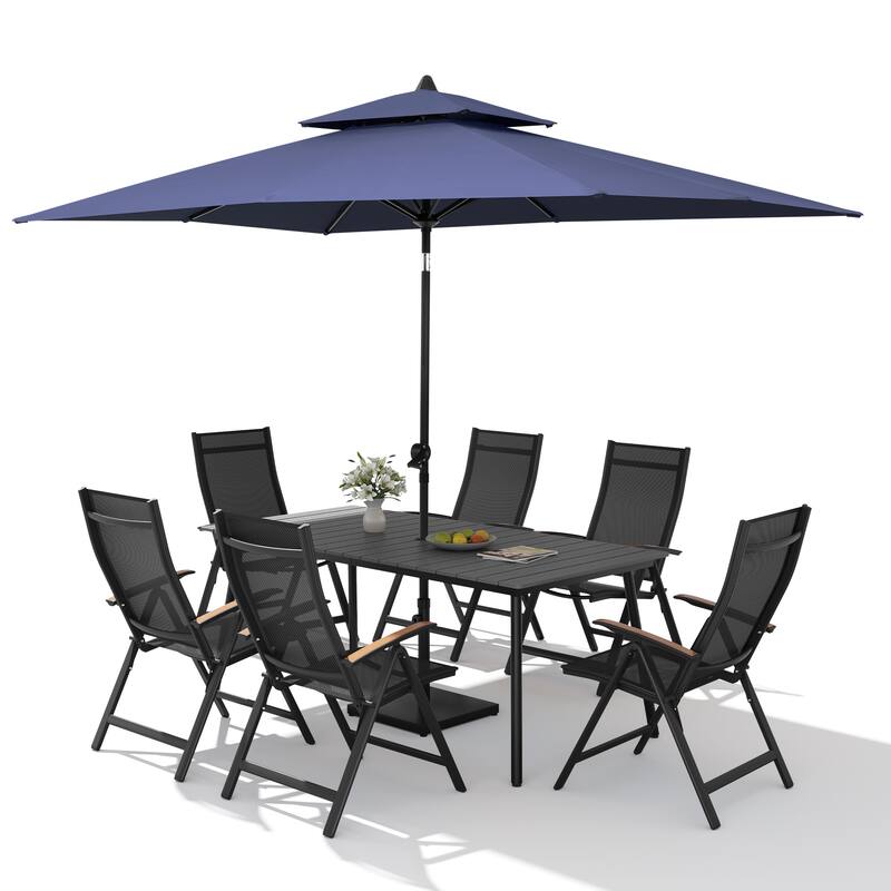 9PC Outdoor Patio Dining Set Wood-Like Aluminum Umbrella Hole Table with Folding Chairs,Double Top Market Umbrella and Base