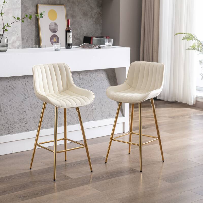 26 Inch Set of 2 Bar Stools,with Chrome Footrest Velvet Fabric Counter Stool Golden Leg Simple Bar Stool,BLACK - Cream