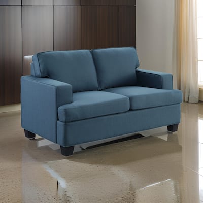Eoin 62 Inch Loveseat, Blue Polyester, Soft Foam Cushioning, Solid Wood