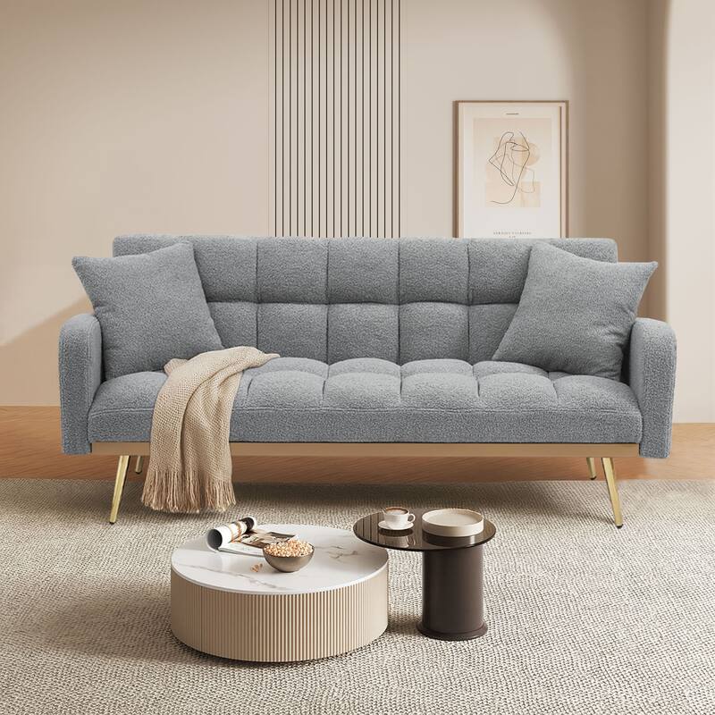 Classic Teddy Fabric Upholstered Convertible Futo Sofa Bed with 2 Throw Pillows - Gray