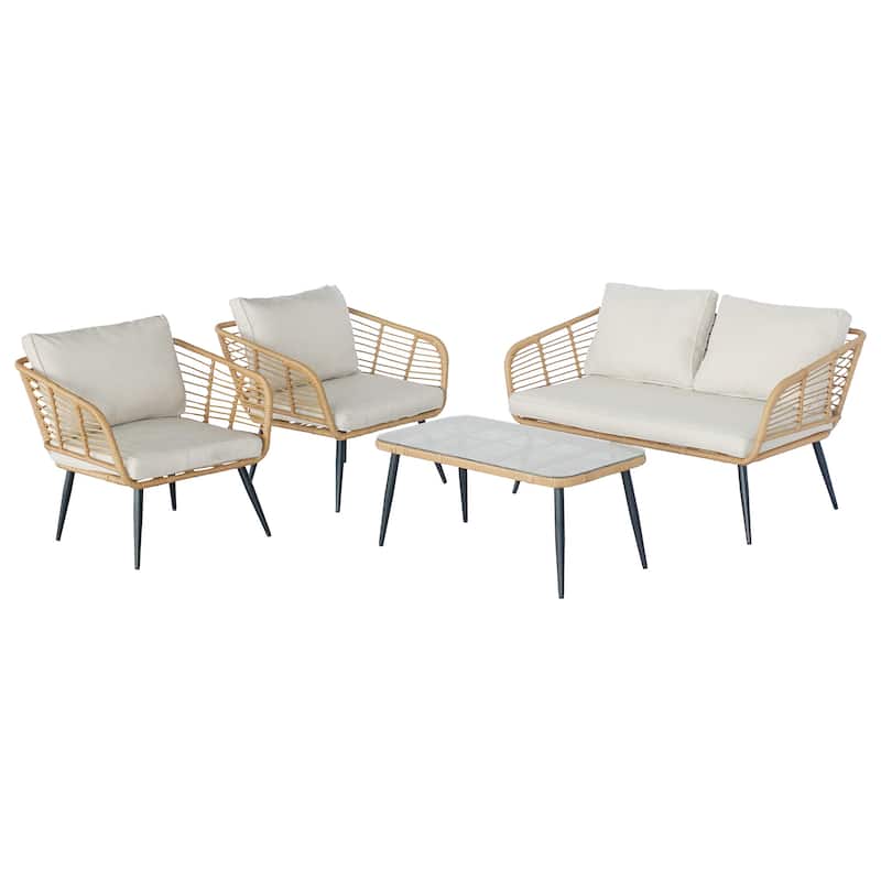 4-Piece Outdoor Patio Furniture Set with Cushions & Tempered Glass Table, Rattan Bistro Set for Garden, Porch, Backyard