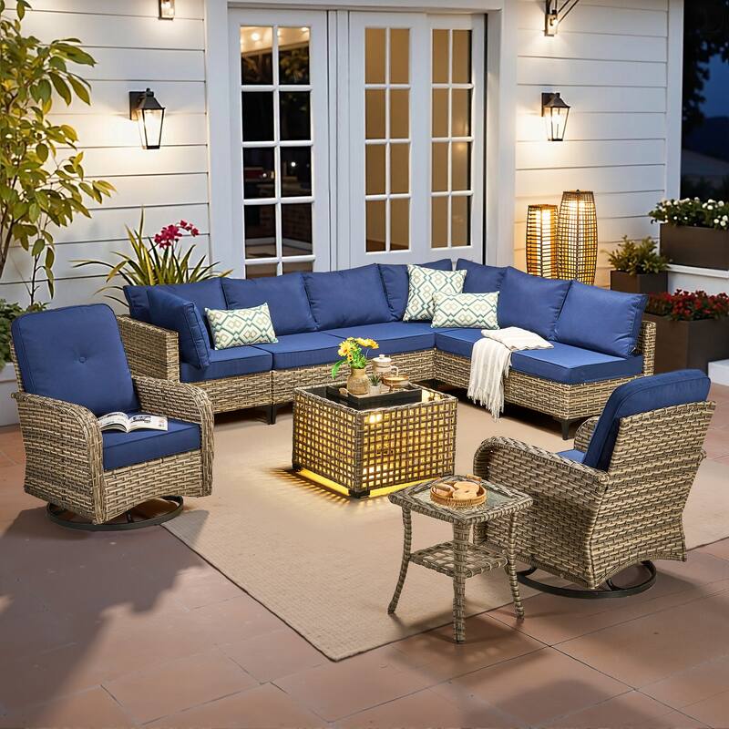 HOOOWOOO 10-piece Outdoor Furniture Wicker Swivel Rocking Chair Set - Navy Blue