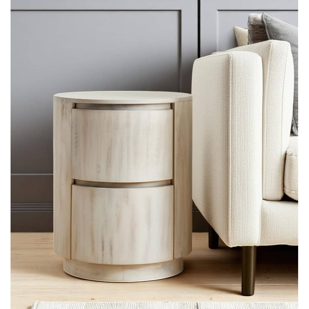 HomeRoots 24" White Solid Wood Round Drum End Table With Two Drawers - 18 in. x 24 in. x 18 in.
