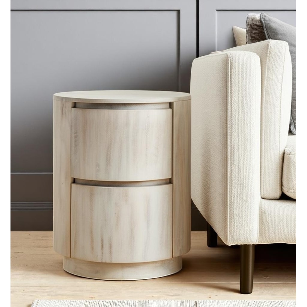 HomeRoots 24" White Solid Wood Round Drum End Table With Two Drawers - 18 in. x 24 in. x 18 in.