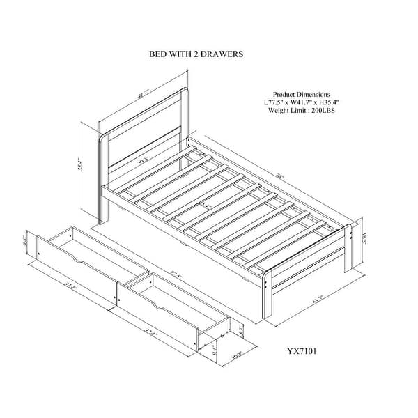Grey Twin Size Platform Bed Frame with 2 Drawers and Headboard, Wood Storage Bed, No Box Spring Needed, for Boys Girls Adult