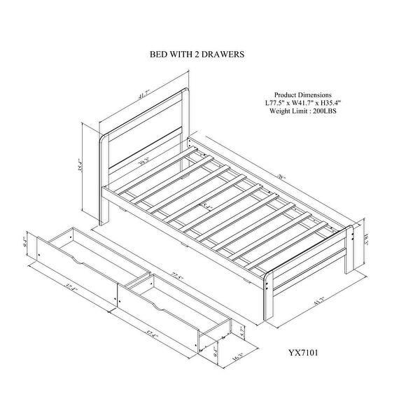 Modern Twin Size Platform Bed Frame with 2 Storage Drawers, Solid Wood Twin Storage Bed Frame with Headboard for Kids Boys Girls