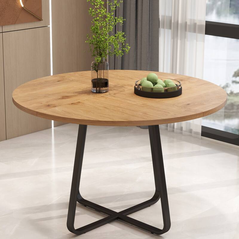 43.3" Round Dining Table for 4-6 People, MDF Wood Tabletop with Metal Legs, Modern Kitchen Table with X-Shaped Base - Wood
