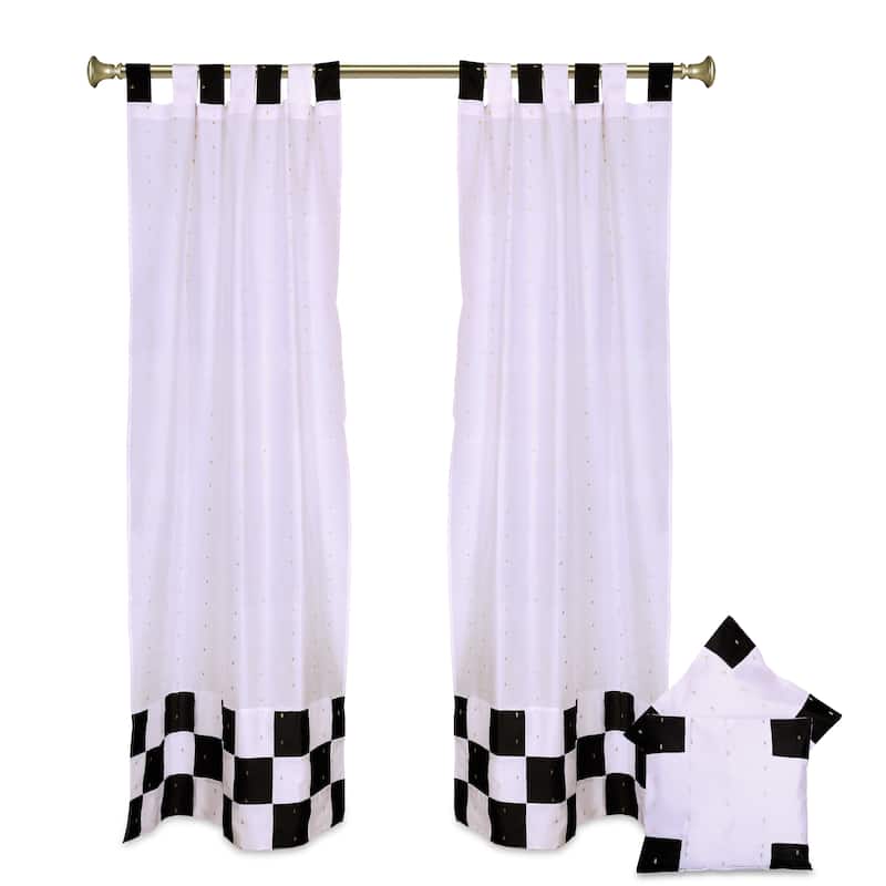 4 Pc Set Indian Sari Curtains & Cushion Covers Boho Tab Top Living Room Bedroom - White/Black - 36" W X 96" L - 96 Inches