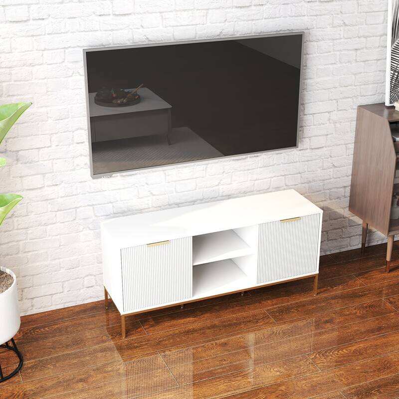 Modern Stylish TV Stand, Entertainment Center TV Stand with Solid Wood Frame and Rainbow Glass Door, for Living Room