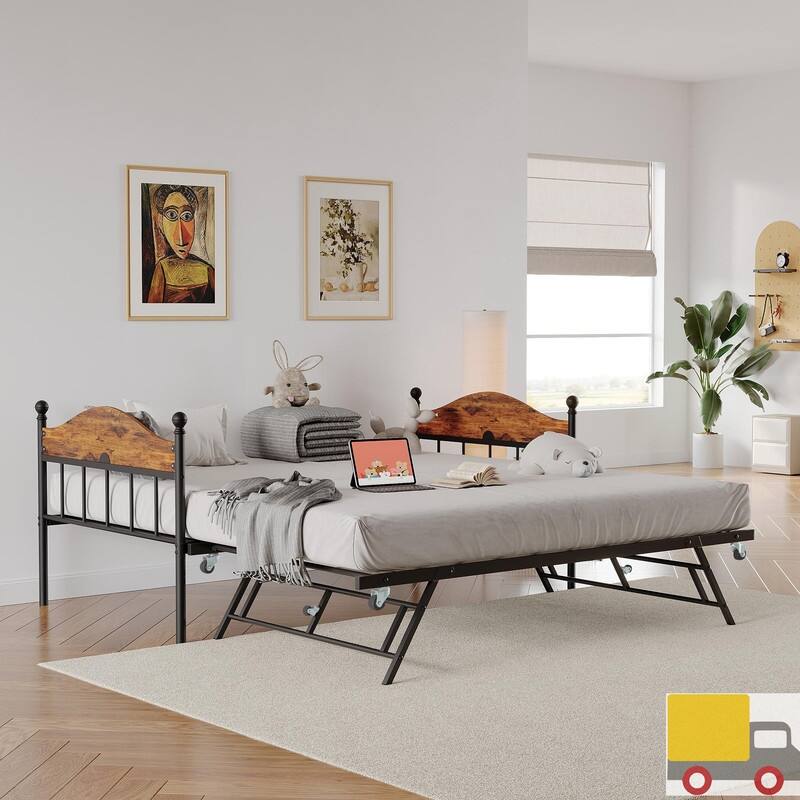 Twin Metal Daybed with Pop-Up Trundle, Lockable Casters