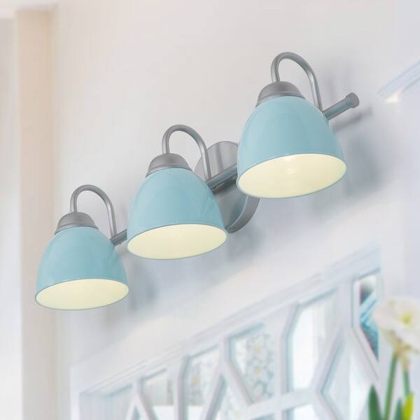 slide 1 of 17, Modern Coastal 3-light Bathroom Vanity Light with Gold/ Blue Metal Shade - L21.5"x W7"x H 6.5" Blue&Silver