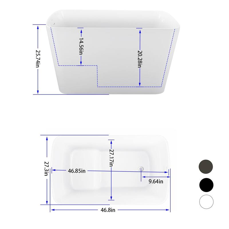 47 in. Glossy Acrylic Flatbottom Freestanding Non-Whirlpool Soaking Bathtub in White With Seat