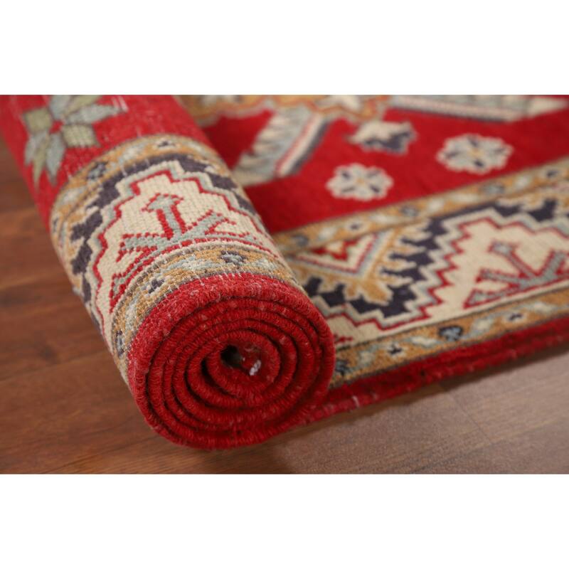Geometric Kazak Runner Rug Handmade Red Wool Carpet - 2'11" x 9'8"