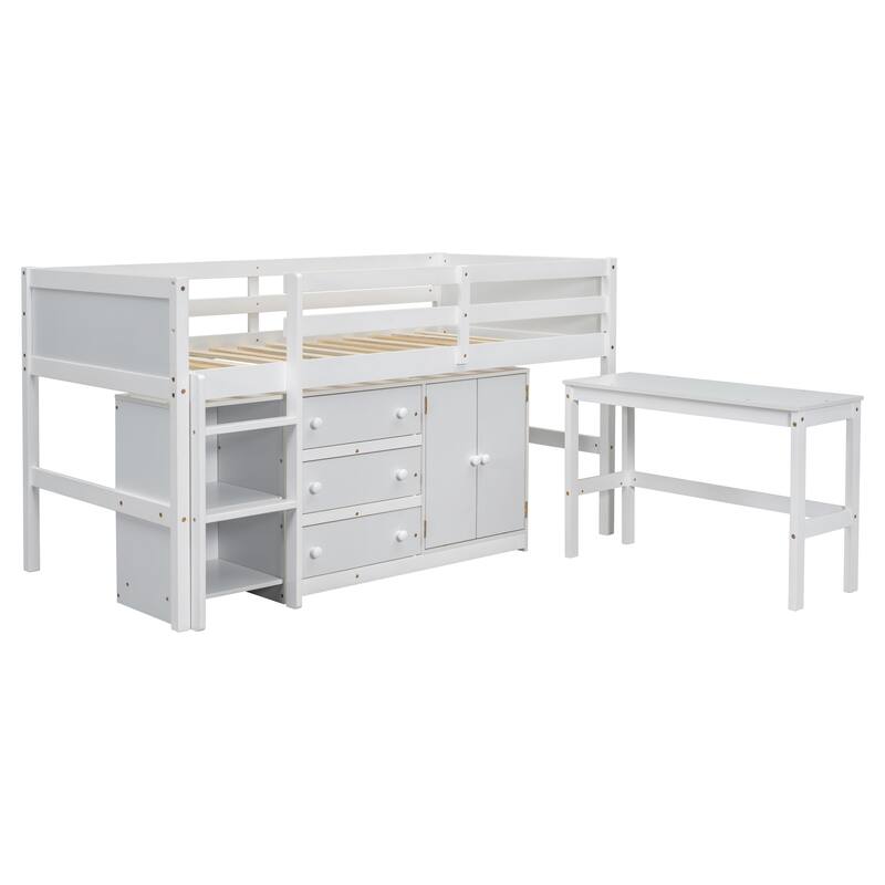 Twin Size Low Loft Bed with Pull-Out Desk, Drawers, Cabinet, and Shelves in White