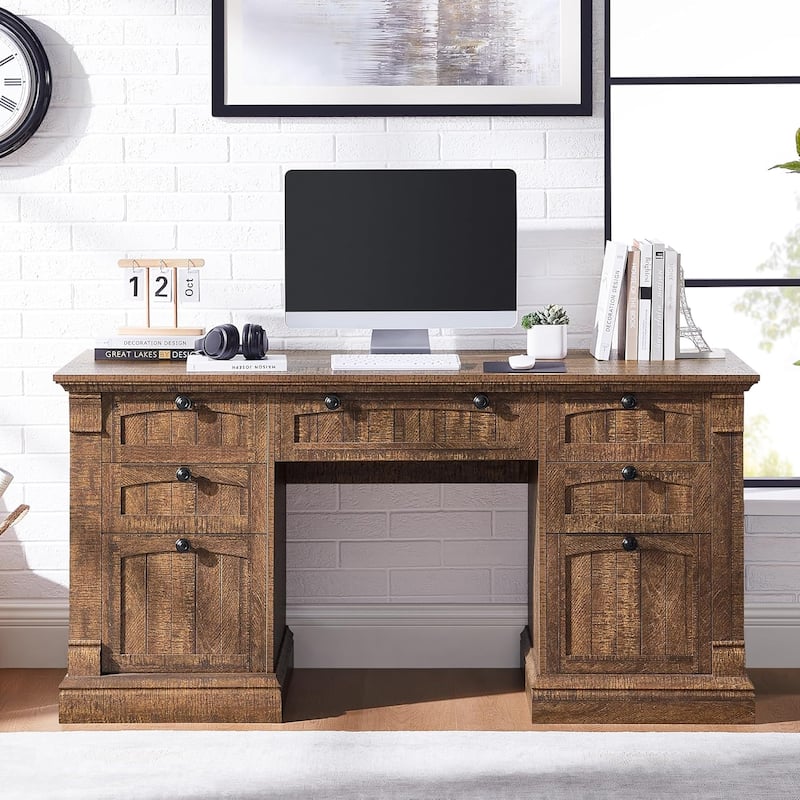 Farmhouse Computer Desk, Wood Home Office Desk with Charging Station