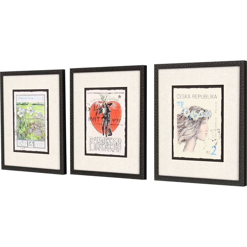 Vintage Stamps I S/3 Framed Art Exclusive Giclee Under Glass