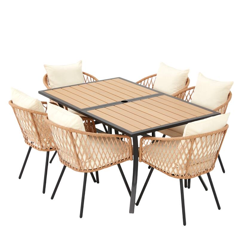 EROMMY 7 Piece Outdoor Dining Set with Umbrella Hole, Patio Table and 6 Rattan Chairs with Cushions, Weather-Resistant Furniture