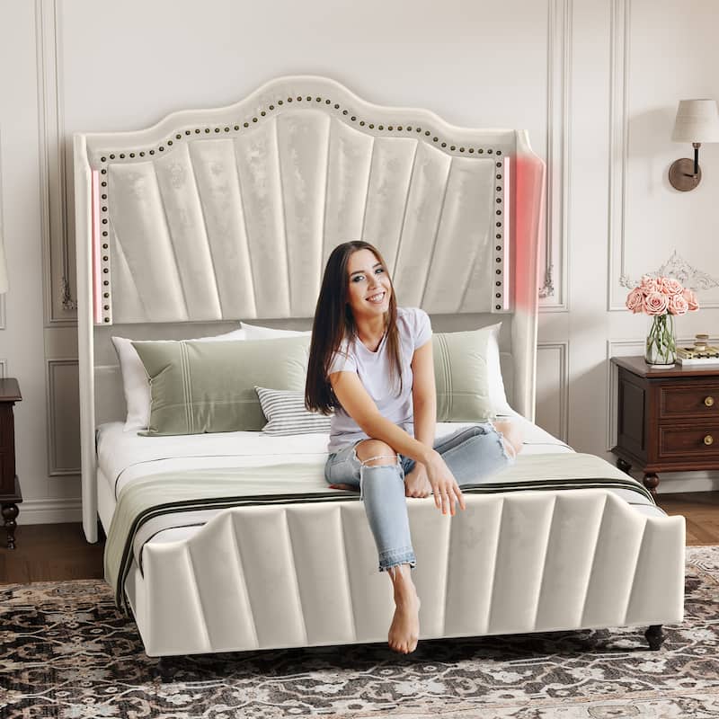 Moasis Queen Size Velvet Upholstered Platform Bed Frame with Wingback Headboard & LED Light