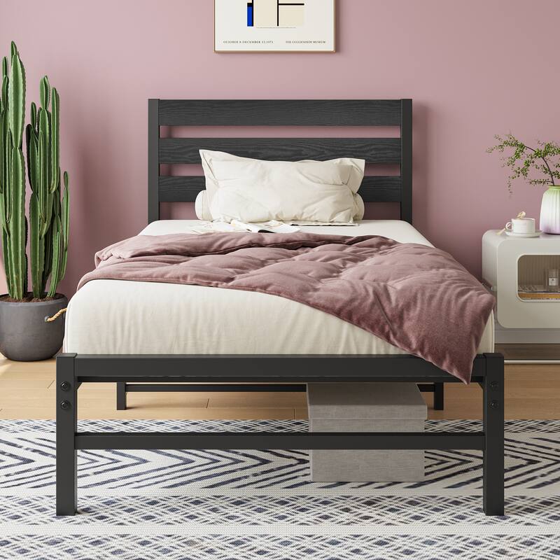 Durable Metal Platform Bed with Rustic Headboard, Extra Storage & Easy Assembly - Black - Twin