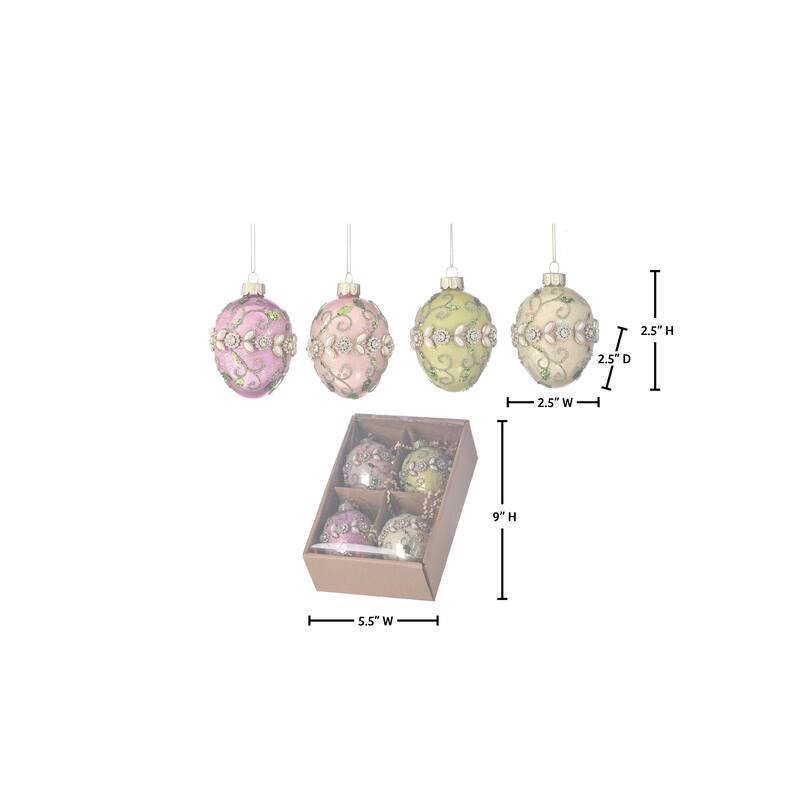 2.5"Glass Jewel Fleurette Egg Ornament Box of 4
